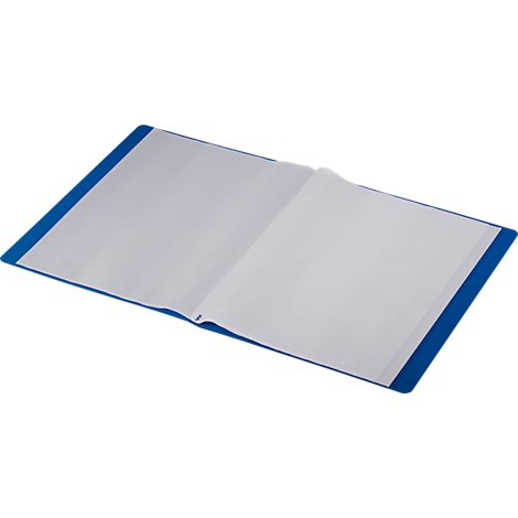 Ein blaues Dokumentenmappe, offen. Innenseiten hell. Deckel und Bindung blau.