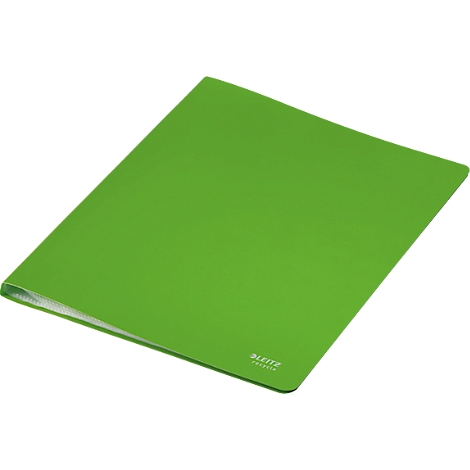 Grüner Leitz-Ordner. Hellgrünes Cover, leicht schräg von oben fotografiert.
