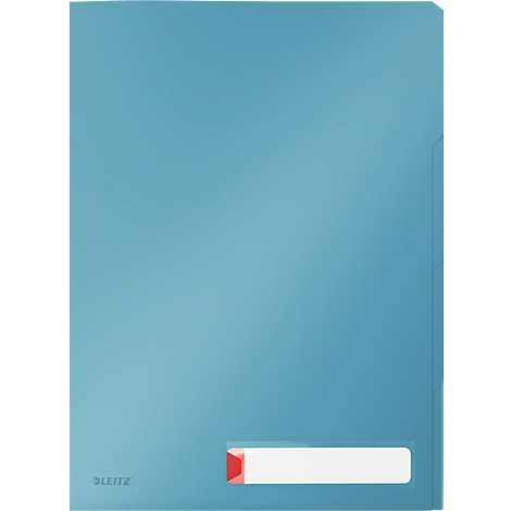 Hellblaue Leitz-Aktenmappe mit weißem Beschriftungsfeld und rotem Markierungsstreifen.