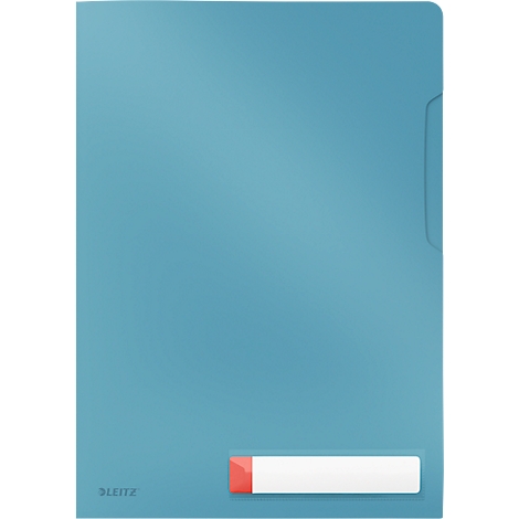 Blaues Leitz-Ordner, rechteckig, mit Aussparung und beschriftbarem Etikett.