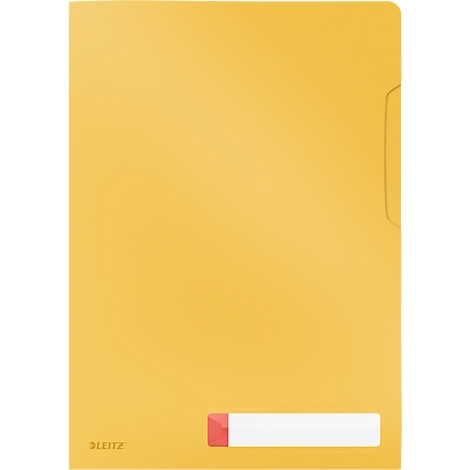 Gelbe Leitz-Mappe. Am unteren Rand befindet sich ein Namensschild.