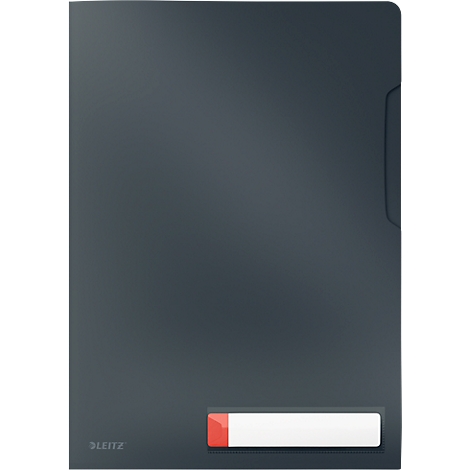 Dunkelgraue Dokumentenmappe mit weißem Etikett und rotem Akzent.