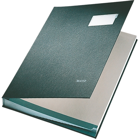 Open dark green presentation folder. A white label, the brand name 'Leitz'.