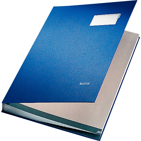Blue Leitz folder, opened, with white label. On a light background.