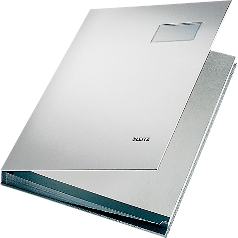 Silver Leitz binder, open. The cover has a viewing window and the Leitz logo.