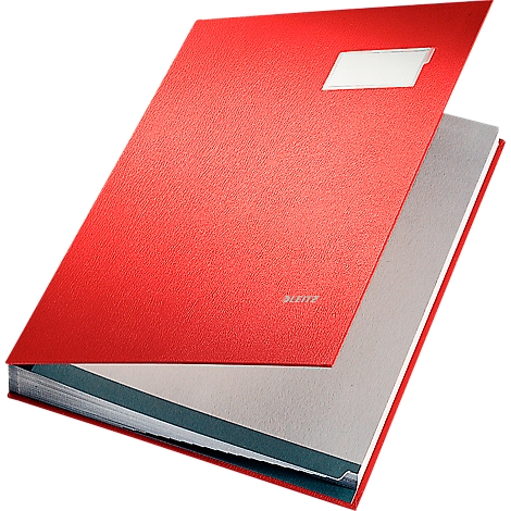 Red file folder half open, with name field. Inside light grey pages, dark blue dividers.