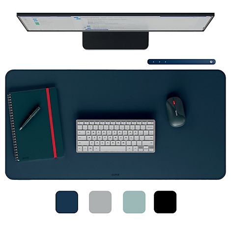 Tapis de bureau bleu foncé avec un moniteur, une souris, un clavier, un carnet et un stylo. Sélection de couleurs ci-dessous.