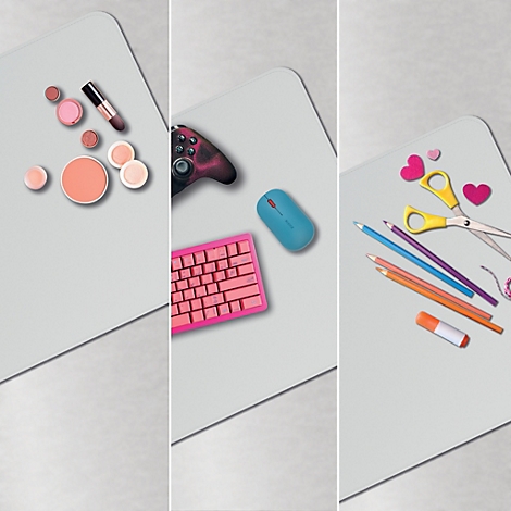 Trois images montrent différents objets sur des surfaces grises : maquillage, accessoires de jeu et fournitures d'artisanat.