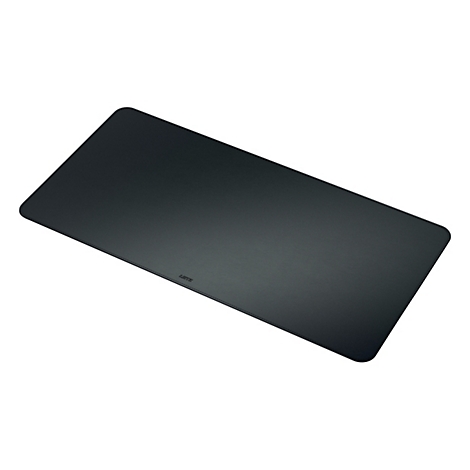 Tapis de bureau rectangulaire foncé sur fond blanc. Coins arrondis, petit gaufrage. Texte 'buka'.