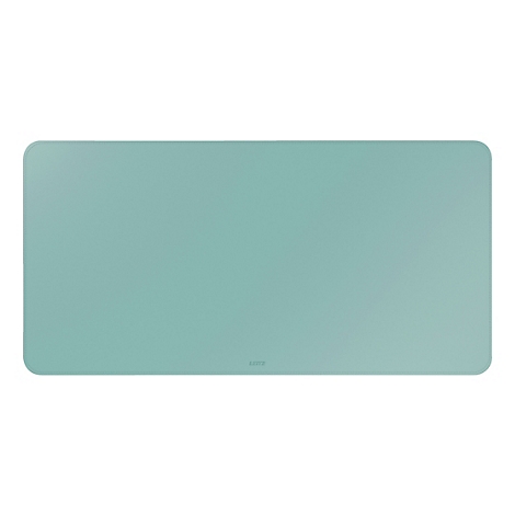 Tapis de bureau rectangulaire vert menthe avec coins arrondis, logo de la marque en bas à droite.