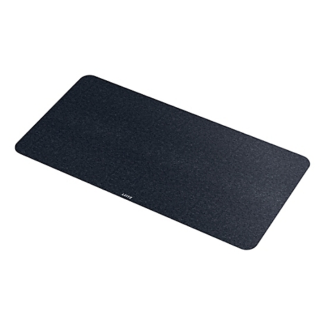 Tapis de bureau rectangulaire gris foncé avec coins arrondis. Petites lettres "Leitz" en bas à gauche.