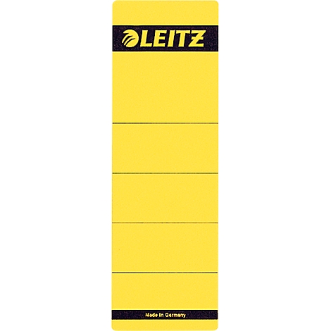 Yellow LEITZ label with black text and lines, LEITZ logo at the top, 'Made in Germany' at the bottom.