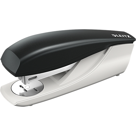 Black and white stapler by Leitz. Top black, bottom white.