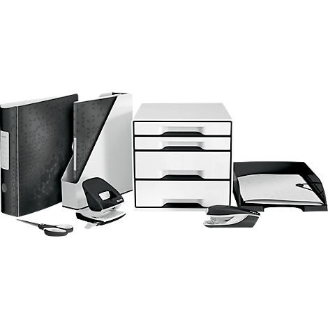 Office equipment: binders, drawer tower, hole punch, stapler, scissors, and pen holder, all in black and white.