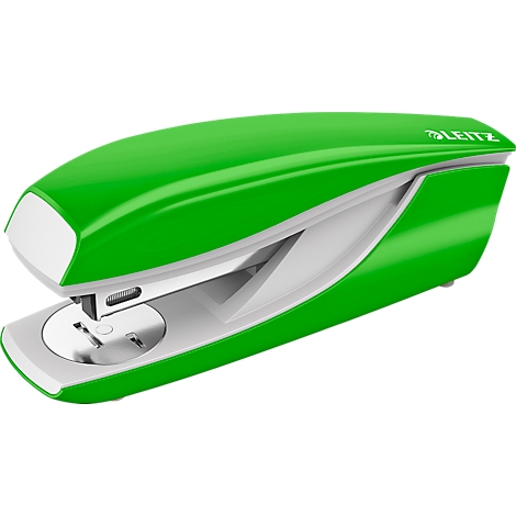Green stapler with white accents. The stapler bears the Leitz brand name.