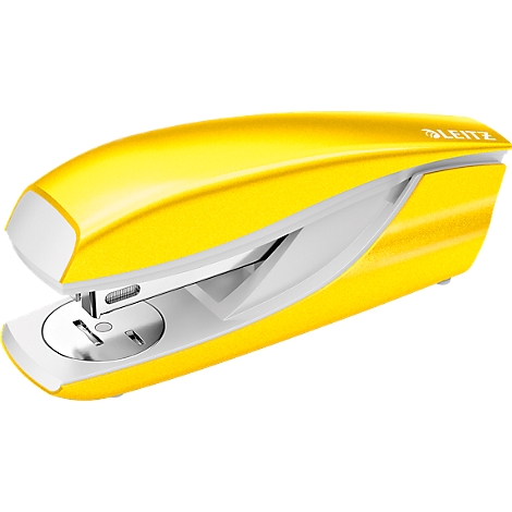 Yellow stapler with white accent, the brand Leitz is visible.