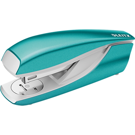 Teal and white stapler, LEITZ logo, close-up.