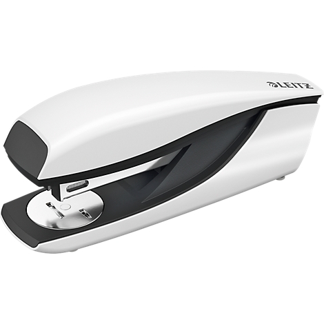 White stapler by Leitz. Top and bottom are white, with gray accents. The Leitz name is visible on the top right.