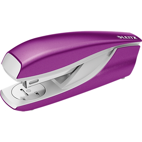 Purple stapler with white accents and Leitz logo.