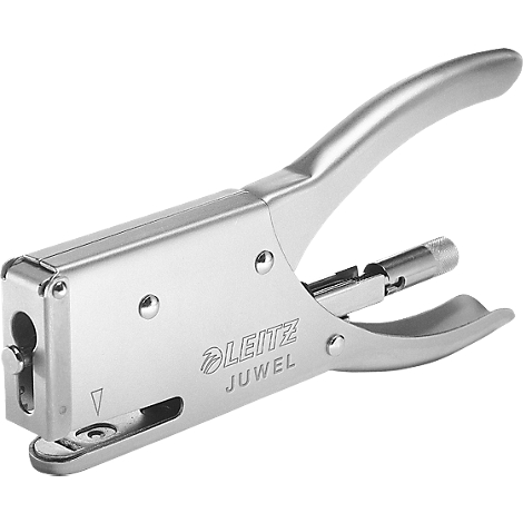 Silver stapler with LEITZ JUWEL lettering. The stapler has a lever action.
