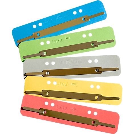 Colorful file folder levers with gold-colored clamps. Inscription: Leitz 3701. Blue, green, gray, yellow, red.