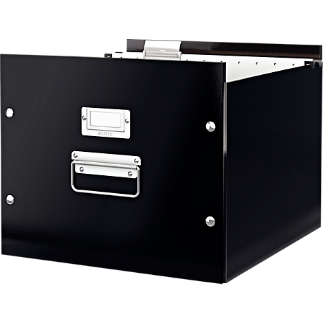 Black file cabinet with an open drawer. A handle and a label plate are on the drawer.