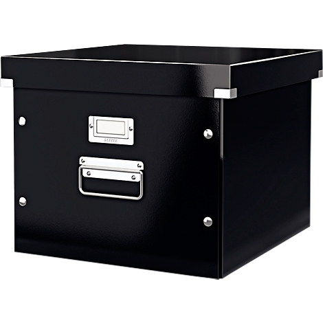 Black, square archive box with lid and metal handles. A name tag is attached.