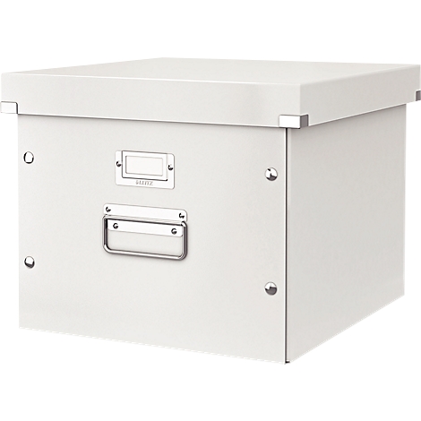 White file box with lid, metal handles and label holder.