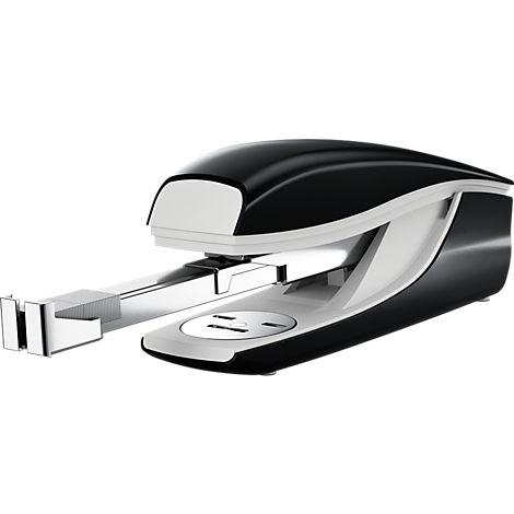 A black and white stapler with a metallic clamp on a white background.