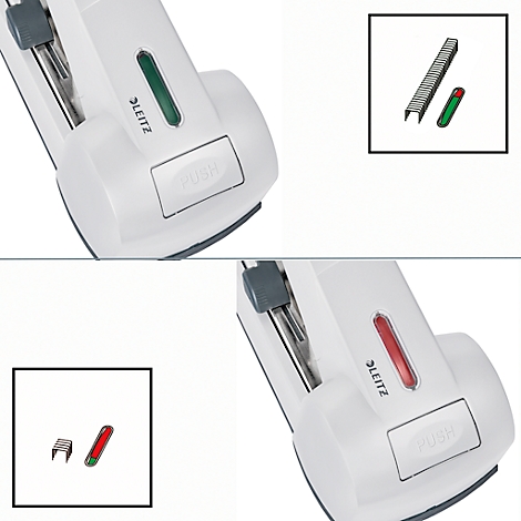 Witte nietmachine, met groene of rode indicator. Inzet toont nietjes en indicator.