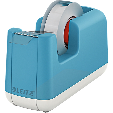 Blue tape dispenser with white base and Leitz logo. Tape is loaded and ready to tear.