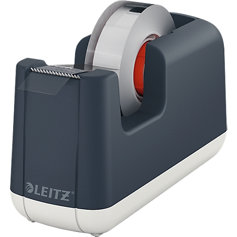 Dark blue tape dispenser with Leitz logo. A light tape is inserted. The base is white.