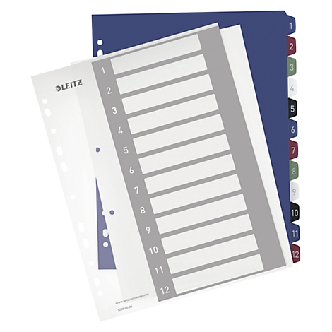 A bundle of white, grey, and blue folder dividers, with numberings from 1 to 12 overlapping. The Leitz logo is visible.