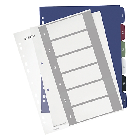 File folder dividers with six numbered tabs, plus punched sheets and a blue folder tab with colored markings.