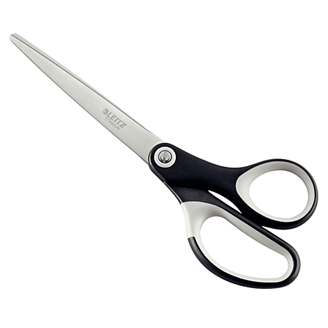 Schaar met zwarte handgrepen en zilverkleurige bladen. De merknaam "LEITZ" is erop gedrukt.