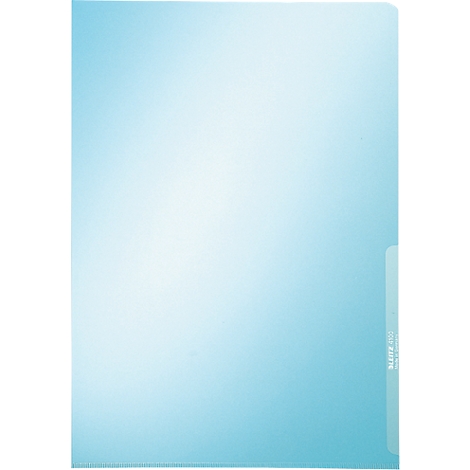 Light blue document with a subtle gradient from light to dark. A transparent pocket is visible on the right edge.