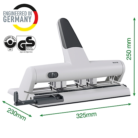 White paper punch with dimensions. Inscription: "Engineered in Germany".