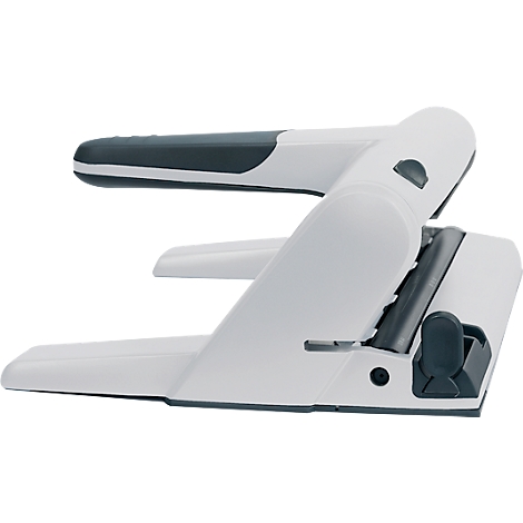 White and gray hole punch, detailed shot. The handle is dark gray and ergonomically shaped.
