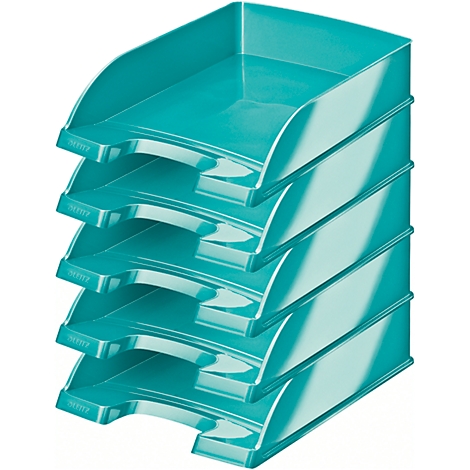 Five turquoise document trays, stacked.