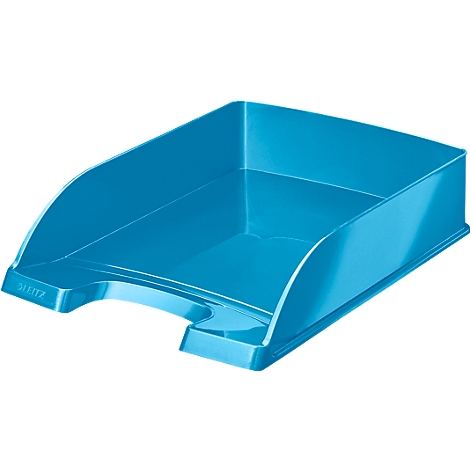 Turquoise-blue desk tray with the word "LEITZ".