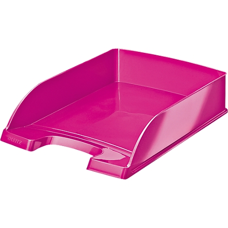 A pink letter tray, photographed at an angle from above.