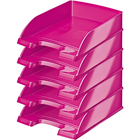 Five pink plastic document trays stacked. They are slightly curved and have a recess at the bottom.