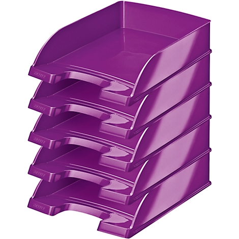 Stack of purple document trays. Each tray has a slightly curved front.