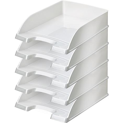 White, stackable file tray system with five compartments.