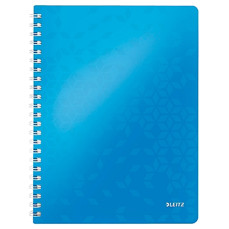 Blauw spiraalgebonden notitieboek. De omslag heeft een patroon. Leitz staat onderaan.