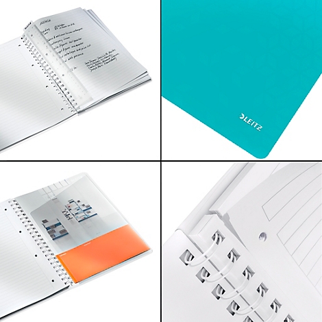 Collage van notitieboekdetails. Geopende spiraalbinding, tekst, oranje vak en Leitz-logo.