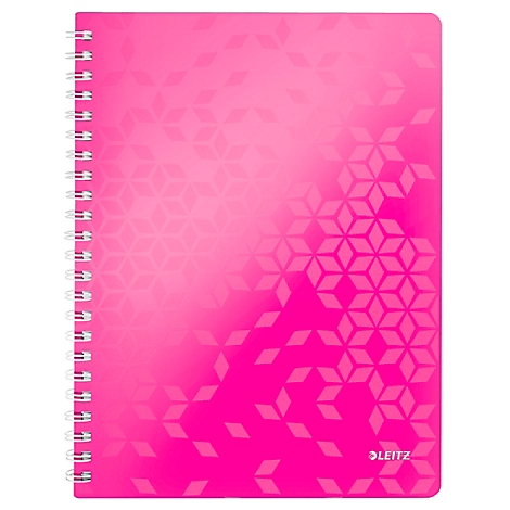 Roze spiraalgebonden notitieboek met geometrisch patroon. "LEITZ" logo.