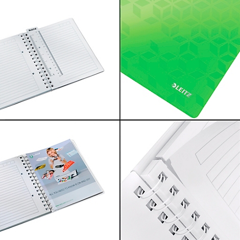 Vier vierkante afbeeldingen. Linksboven: open notitieboek met liniaal. Rechtsboven: groene omslag met logo. Onder: detail boek