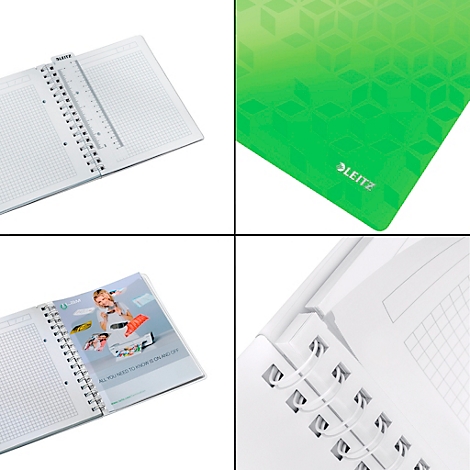 Notitieboek, ringband, liniaal, geruite pagina's, Leitz-logo, groen.