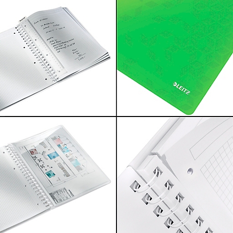 Vierkante beeldsecties: spiraalgebonden notitieboek, groene kaft met LEITZ-logo, notitieboek met gekleurde afbeeldingen, detail van de spiraalbinding.